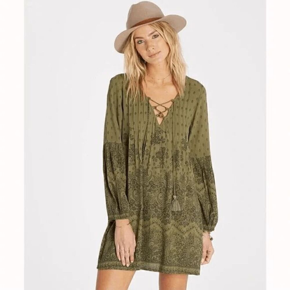 Billabong Olive Green Black Paisley Boho Tunic Mini Dress Small - Picture 8 of 10